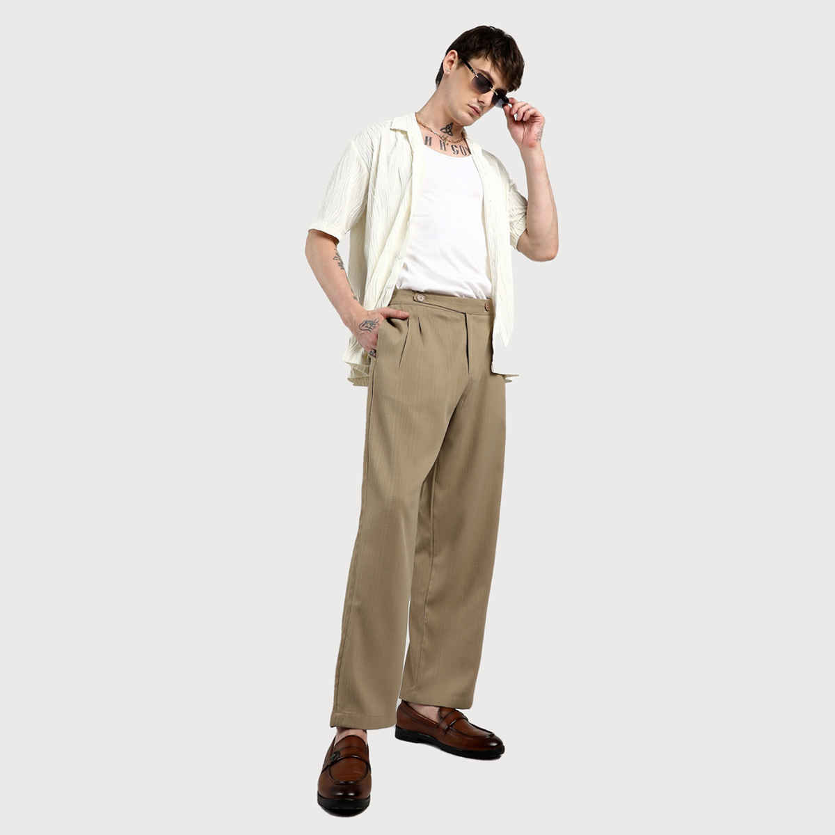 Campus Sutra Men's Tailored Linen-Blend Trousers | Brown - 30