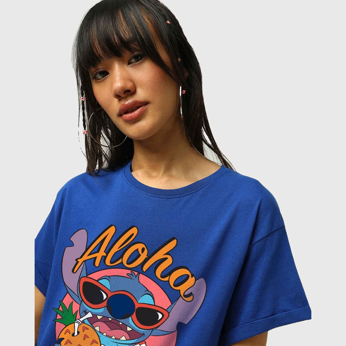 Bewakoof Women's Official Disney Lilo & Stitch Graphic Printed Boyfriend T-shirt | Blue - L