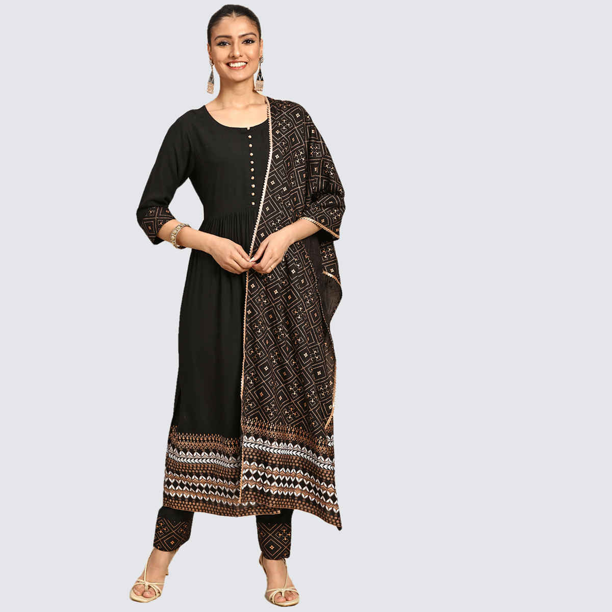 Libas Women's Solid Rayon Anarkali Suit Set With Dupatta | Black - XL