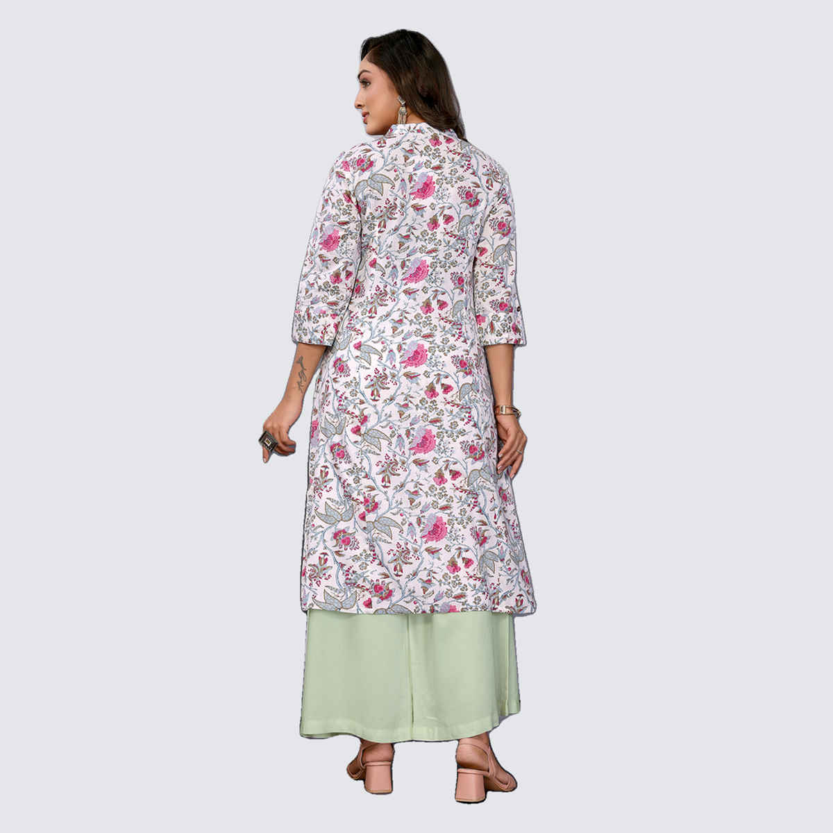 Rangita Women's Cotton Printed A-line Calf Length Kurta | Off White - S