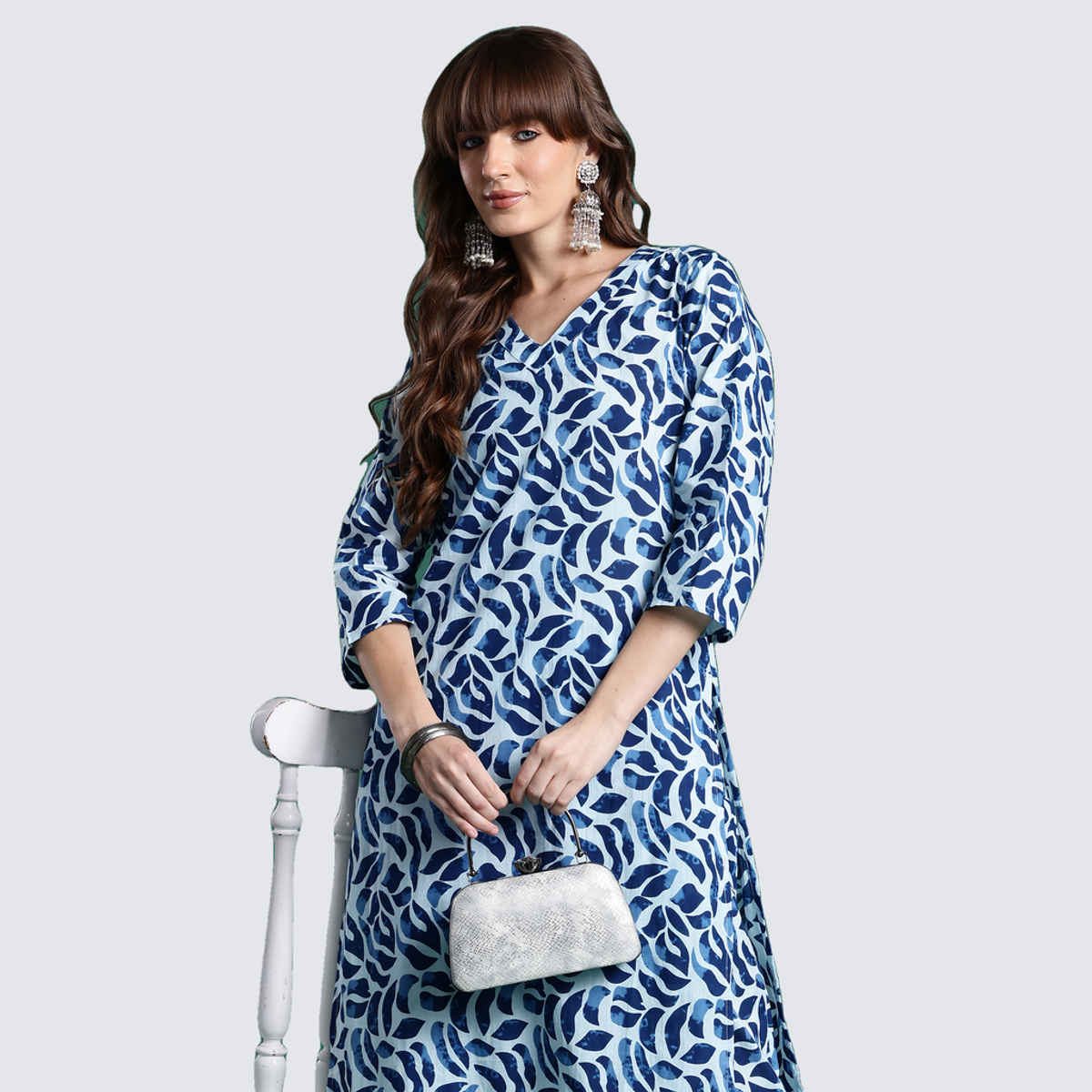 INDO ERA Women's Printed Straight Kurta Trouser Set | Blue - XL