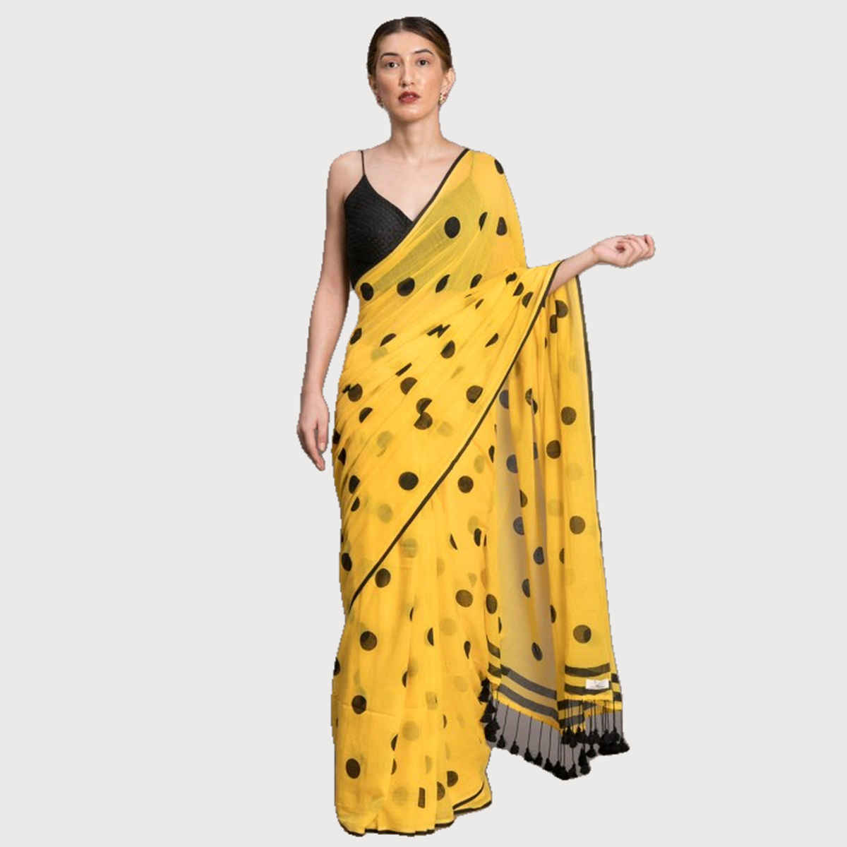 Suta Yellow and Black Polka Printed Pure Cotton Saree