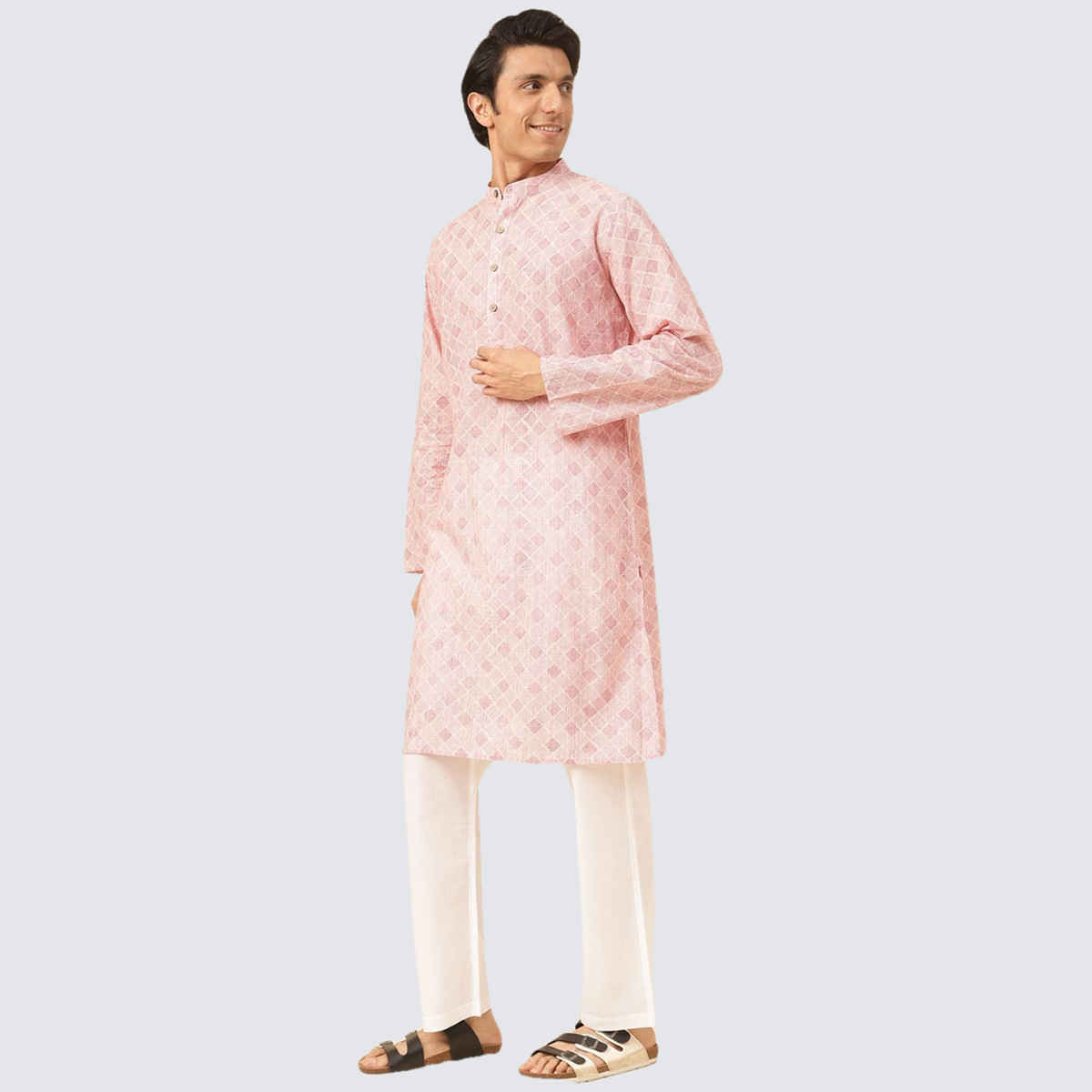 Fabindia Men's Long Kurta Hand Block Printed | Pink - M