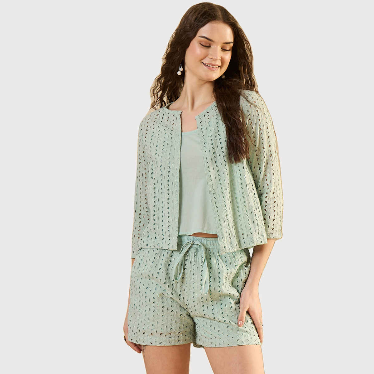 Sanskrutihomes Pure Cotton Schiffli Top & Shorts With Shrug for Women s | Green | M