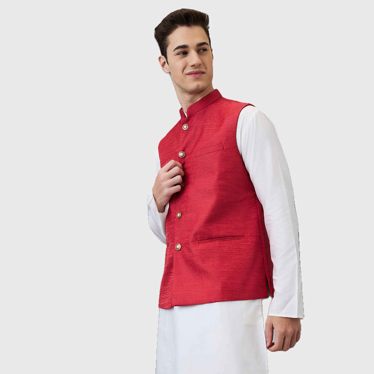 Ethnix by Raymond Men's Regular Fit Pure Polyester Structure Stand Collar Bundi | Medium Red - 2XL