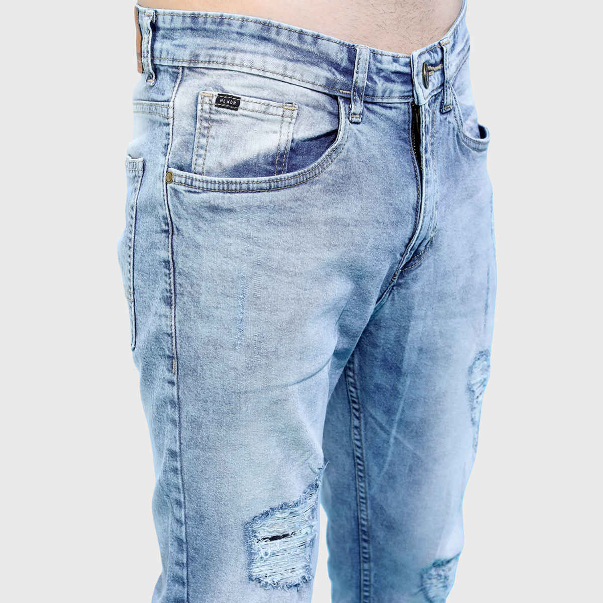 Highlander Men's Tapered Fit Mid-Rise Mildly Distressed Stretchable Jeans | Light Blue - 36