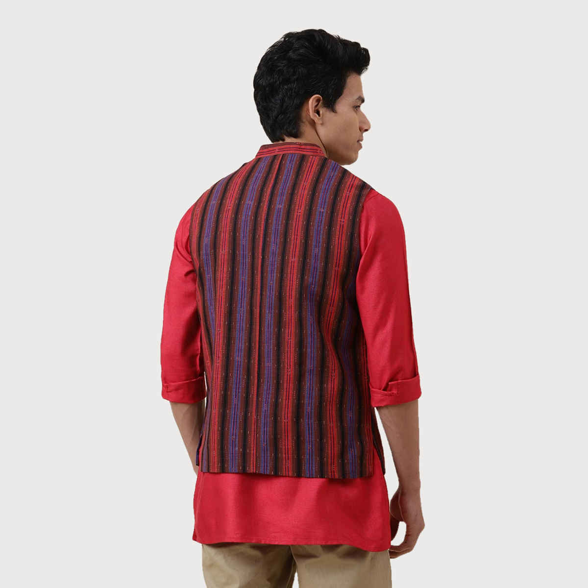 Fabindia Men's Nehru Jacket Printed Slim Fit | Red - XL