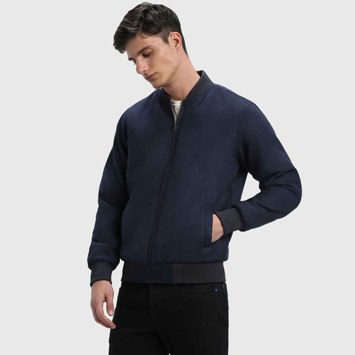 Dennis Lingo Men's Rib Collar Regular Fit Solid Navy Suede Bomber Jacket | Dlmjkw23030 - Nv | XL