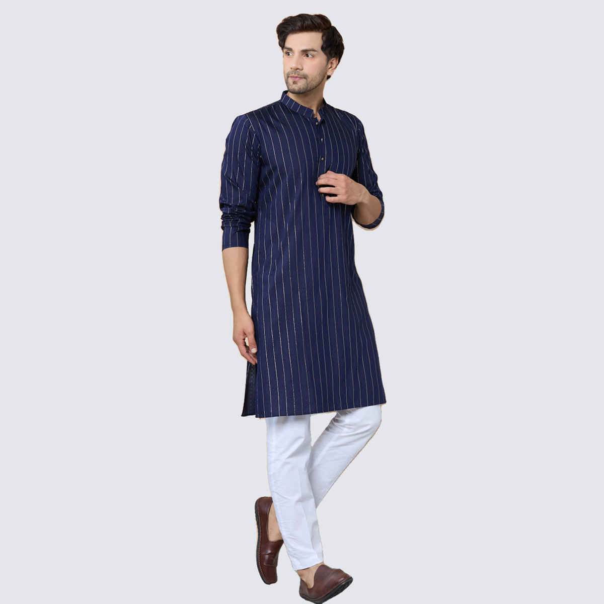 See Designs Men's Thread Work Straight Kurta | Navy - XL