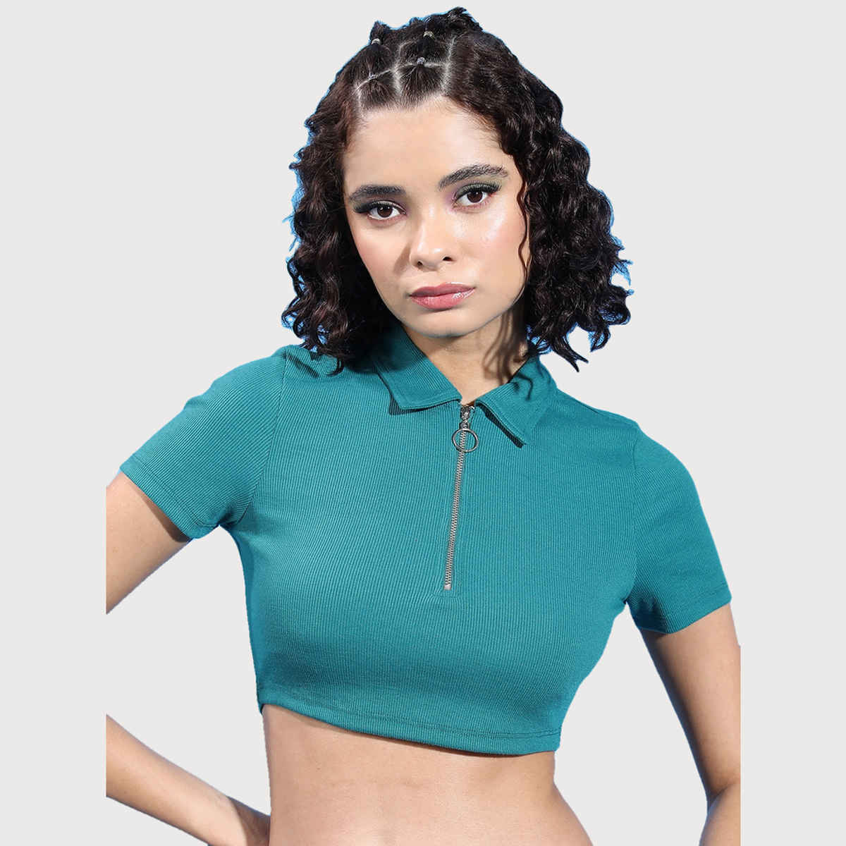 Ketch Women's Shirt Collar Fitted Crop Top | Green - S