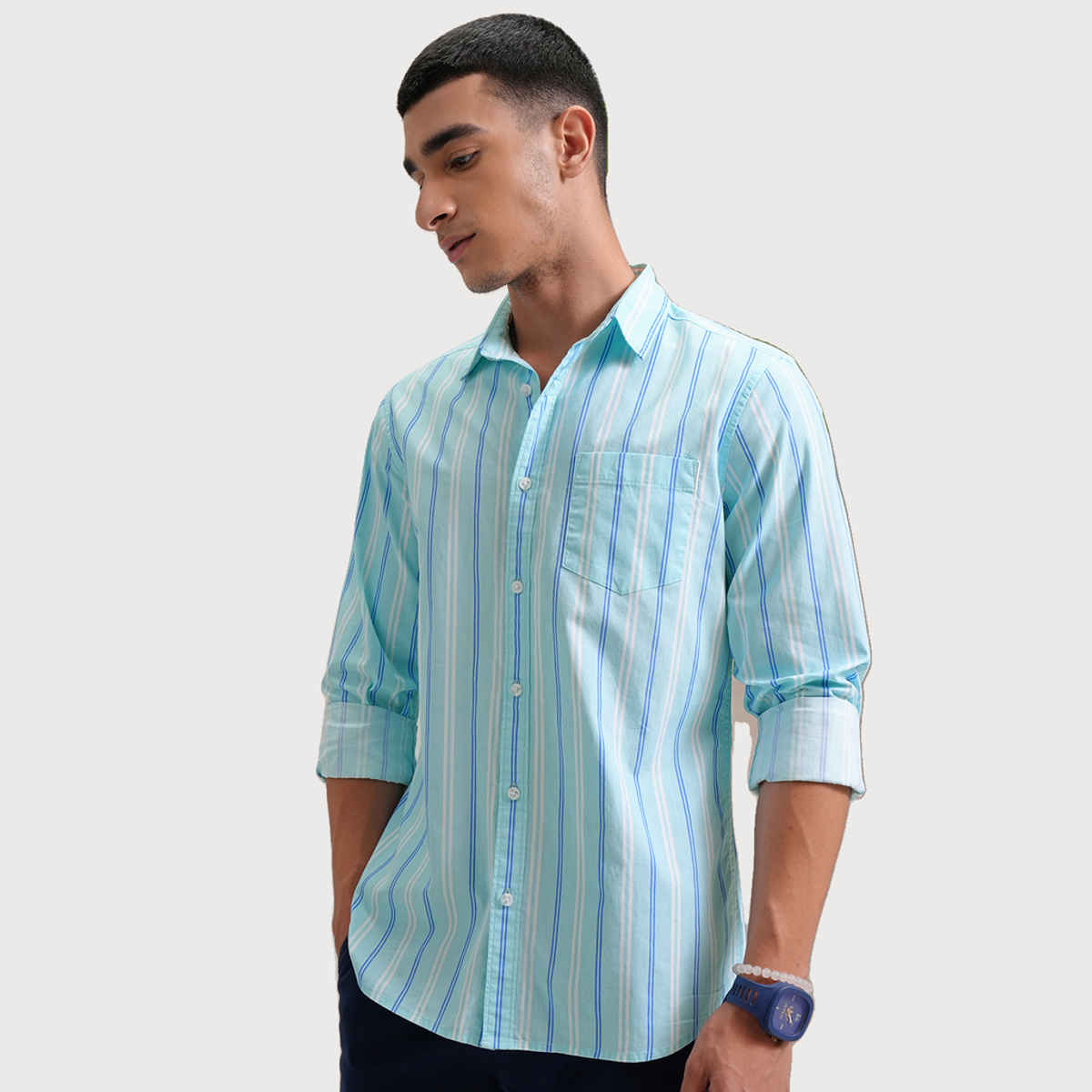 Highlander Men's Classic Slim Fit Vertical Striped Spread Collar Cotton Shirt | Aqua, White & Blue-M