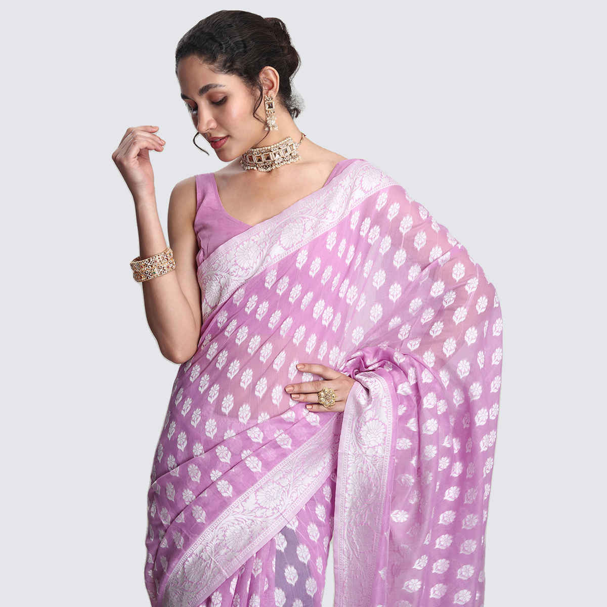 Janasya Women's Silk Blend Floral Woven Design Jacquard Saree with Blouse Piece | SAR631 | Lavender