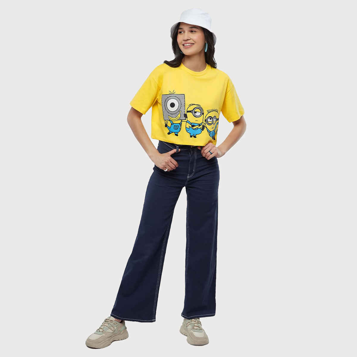 The Souled Store Women's Minions Stay Weird Stay Happy Oversized Cropped T-shirt | Yellow - S