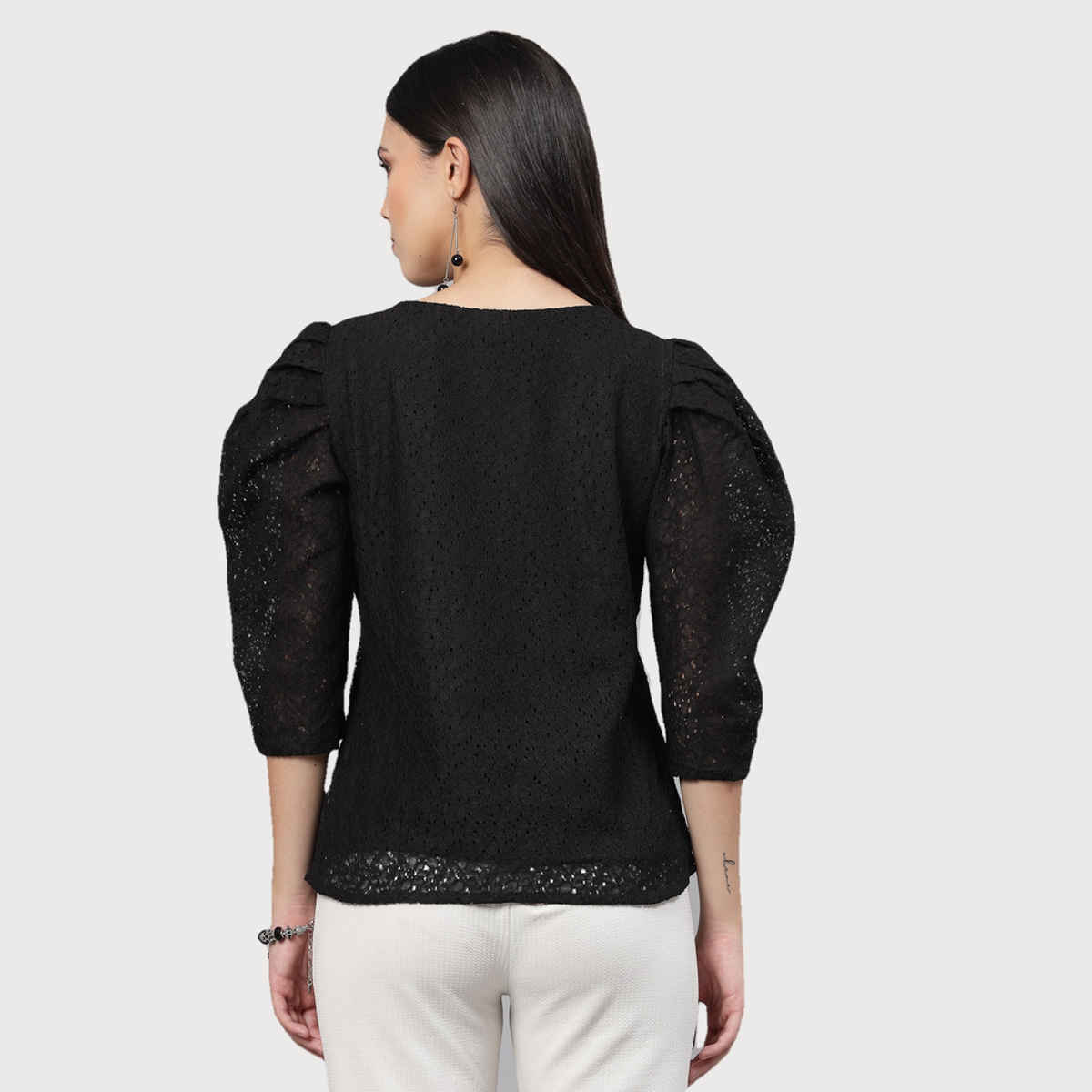 Style Quotient Women Black Self Design Floral Lace Regular Casual Top | XL | AW23SQARNI - Black