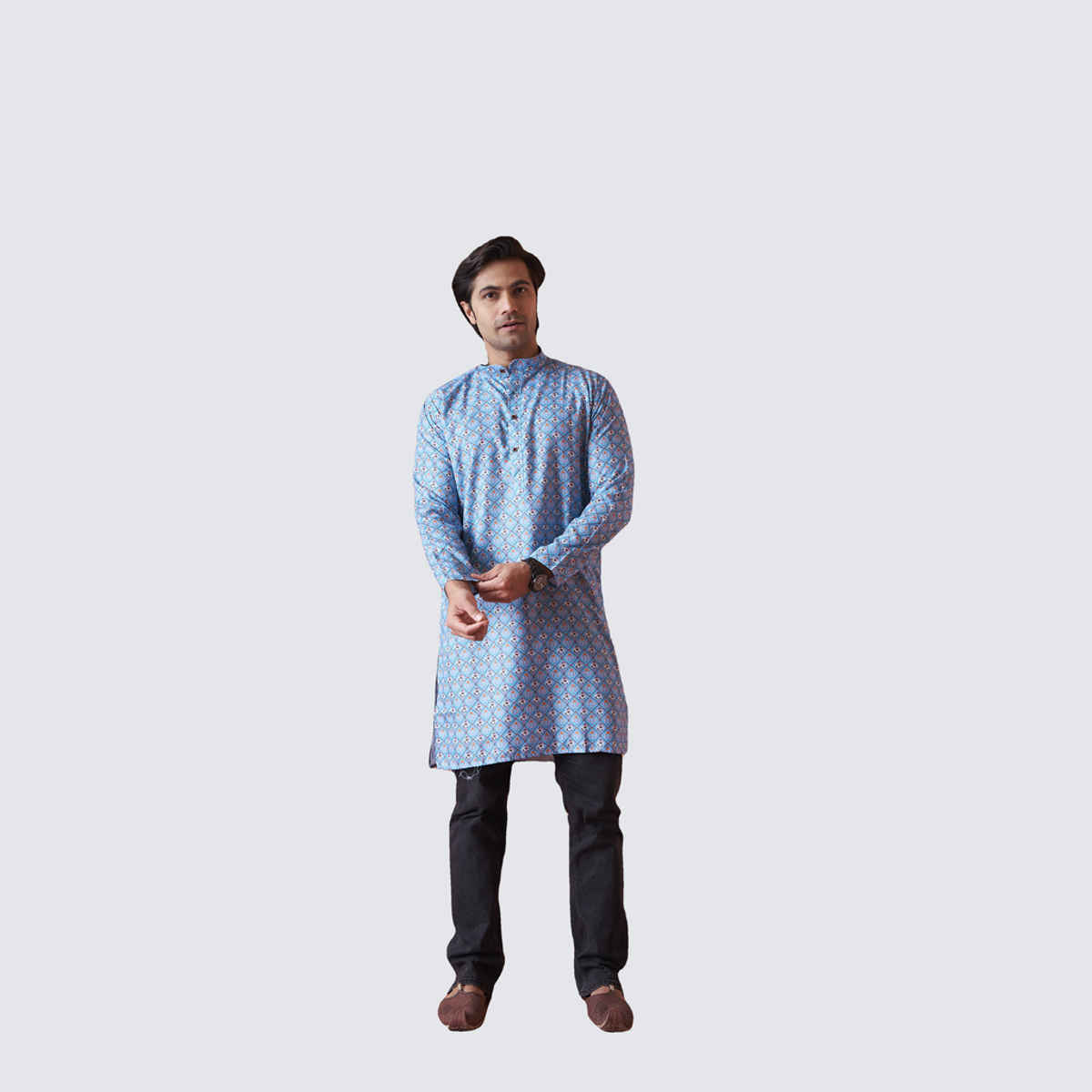 House Of Festivals Men's Printed Cotton Blend Long Kurta | Blue -S