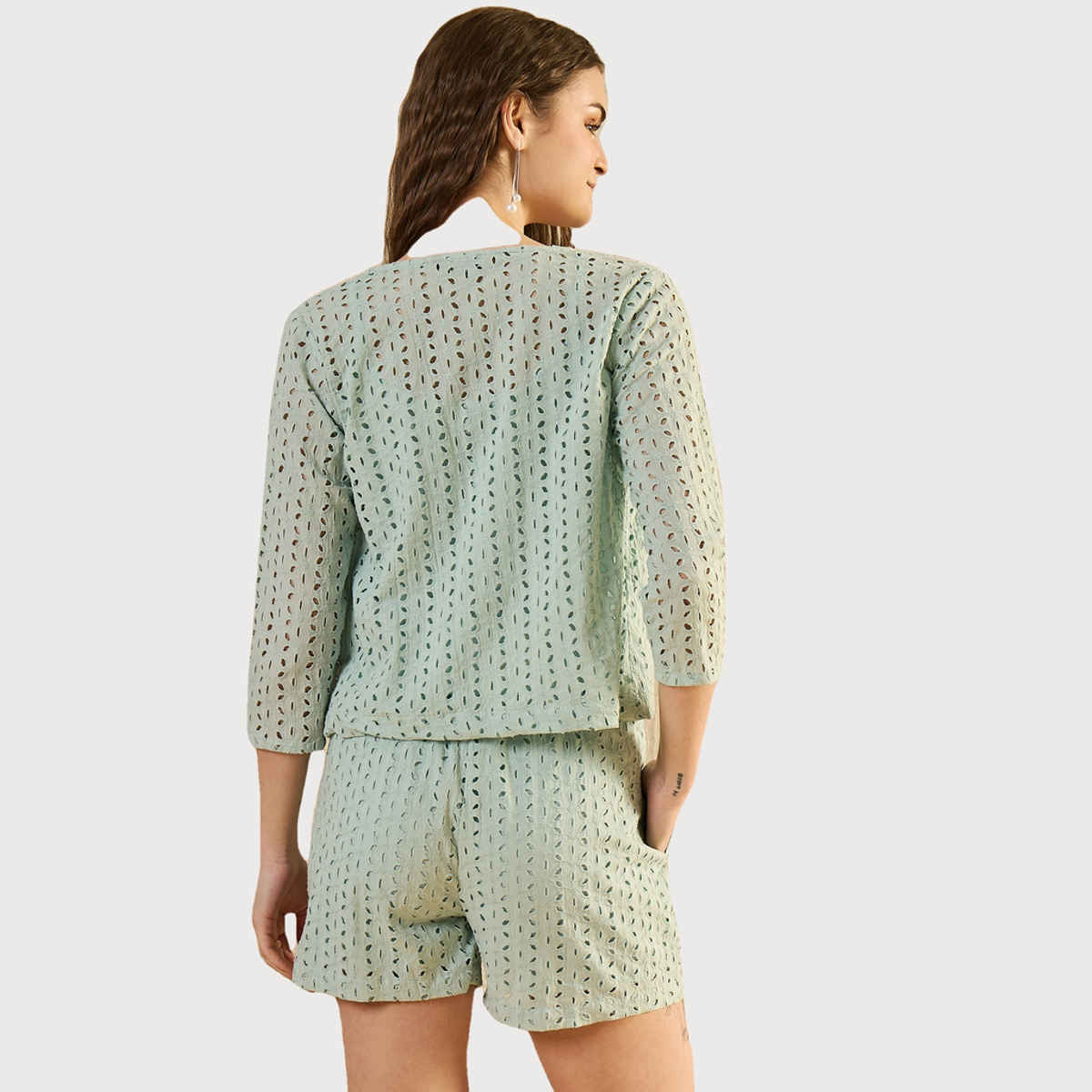 Sanskrutihomes Pure Cotton Schiffli Top & Shorts With Shrug for Women s | Green | M