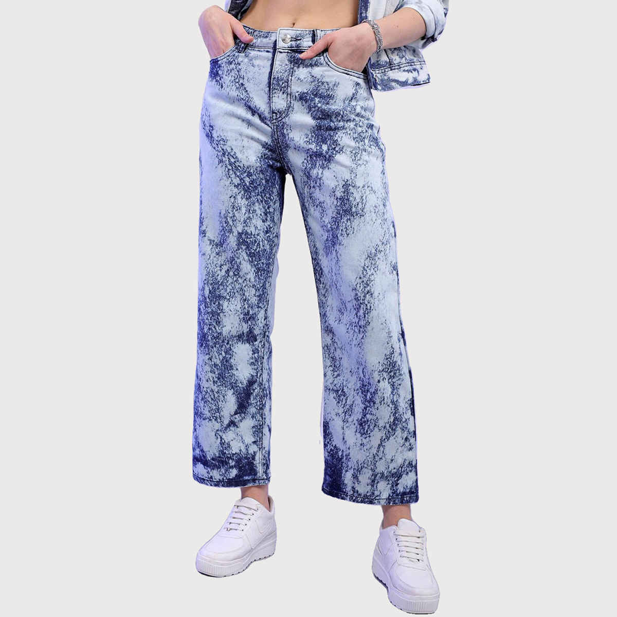 Freehand Women's Tie And Dye Wide Leg Denim Jeans | Blue - 34