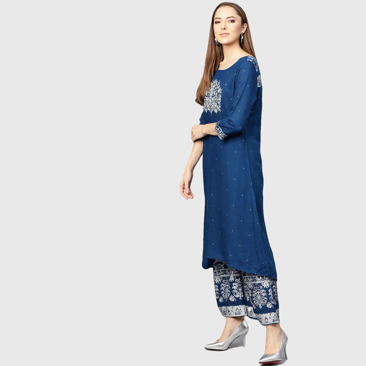 Ishin Women Embroidered Suit Set | KURPLKADE-141 | Blue - XXL