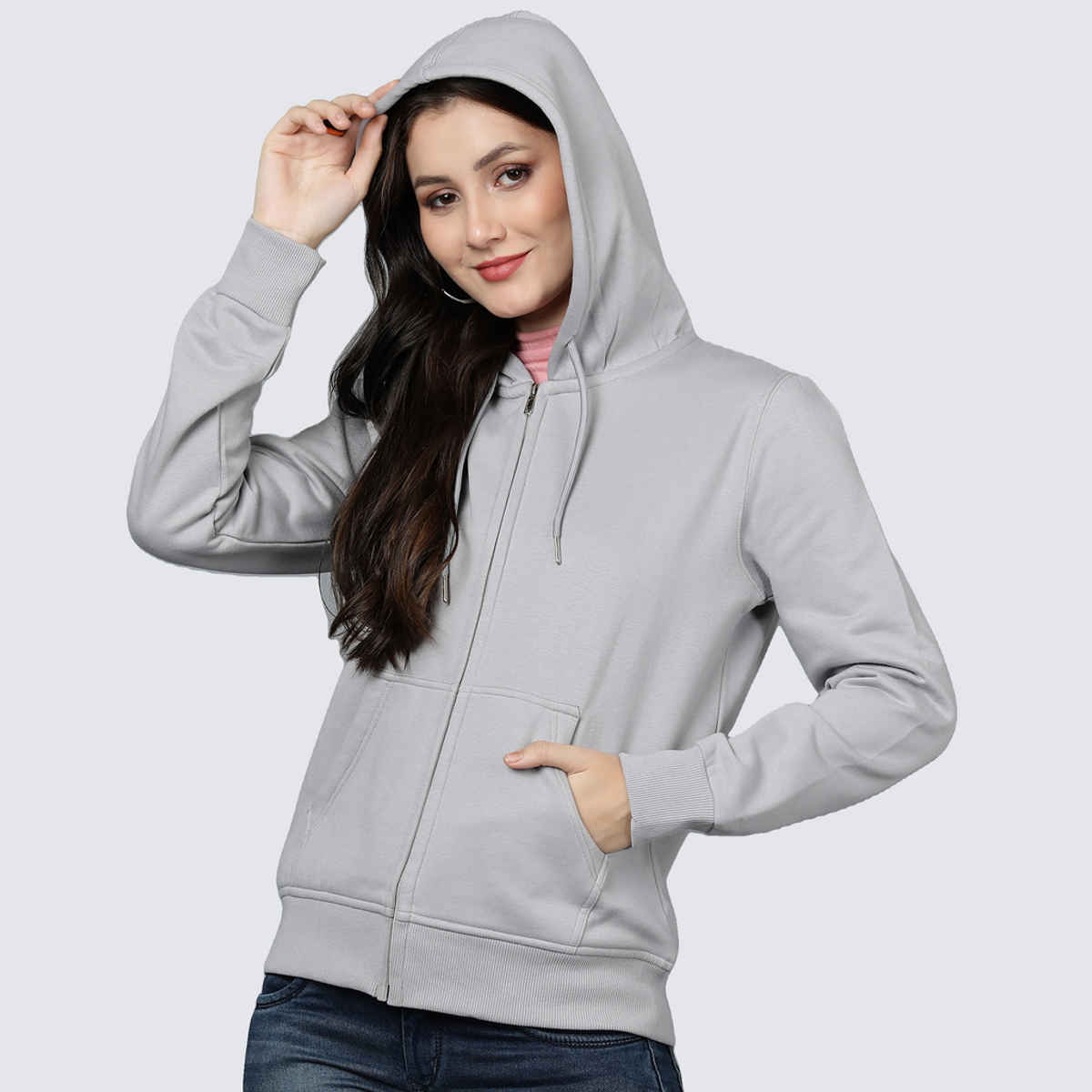 Alan Jones Clothing Women's Solid Zipper Hooded Sweatshirt | Grey - M