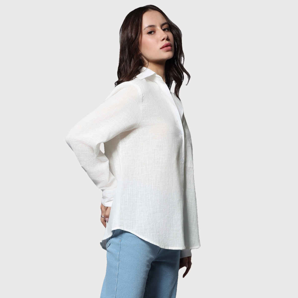 High Star Women's Solid Long Sleeves Oversized Casual Shirt | White - XL