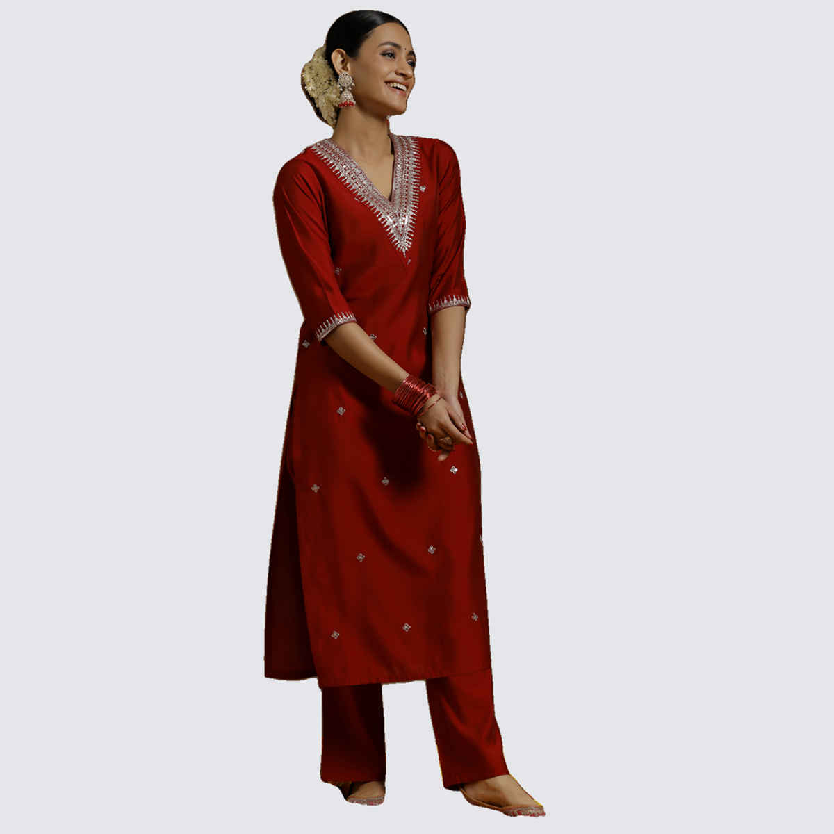 Libas Women's Embroidered Silk Blend Straight Kurta Set | Red - L