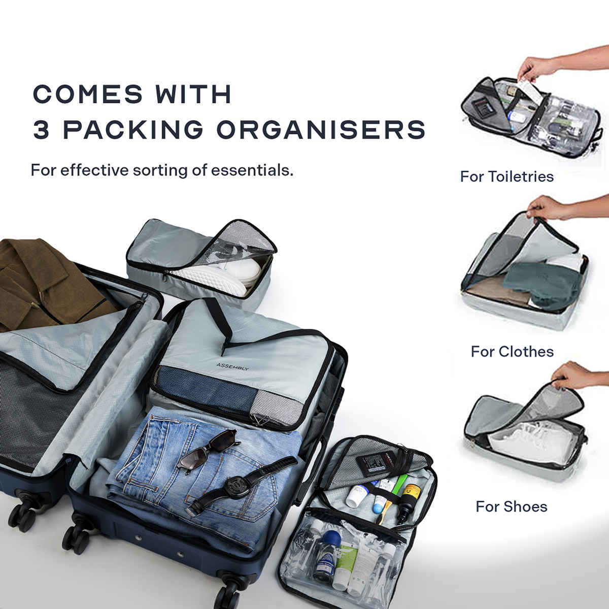 Assembly Stark Cabin Hard Luggage Polycarbonate Trolley with Packing Oraganiser - Blue