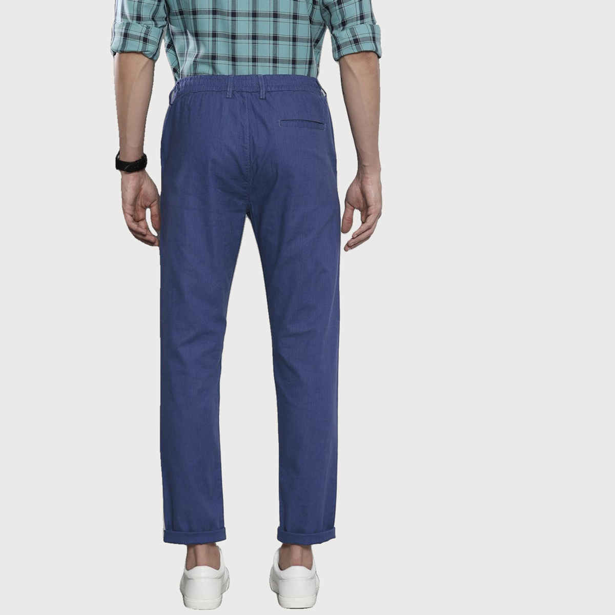 The Indian Garage Co Men's Slim Fit Solid Casual Linen Trousers | Blue Indigo - 32