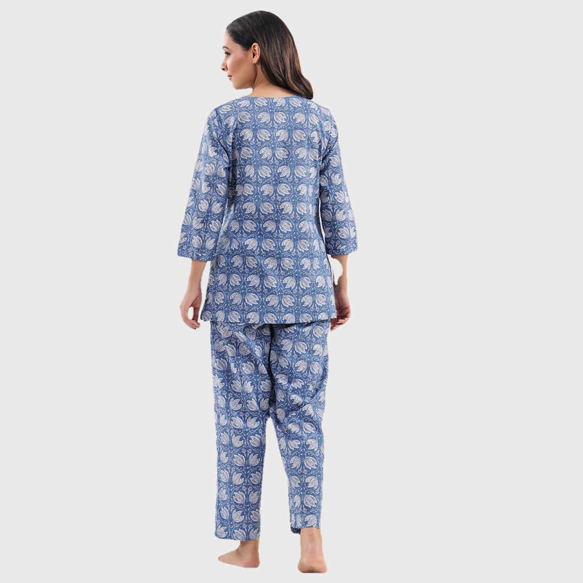 Sanskrutihomes Printed Pure Cotton Night Suit | Blue - S
