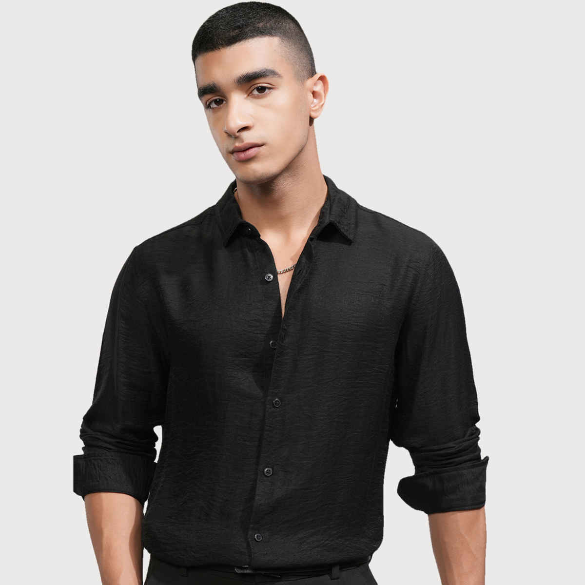 HIGHLANDER Men's Jacquard Textured Evening Party Shirt | Black - S