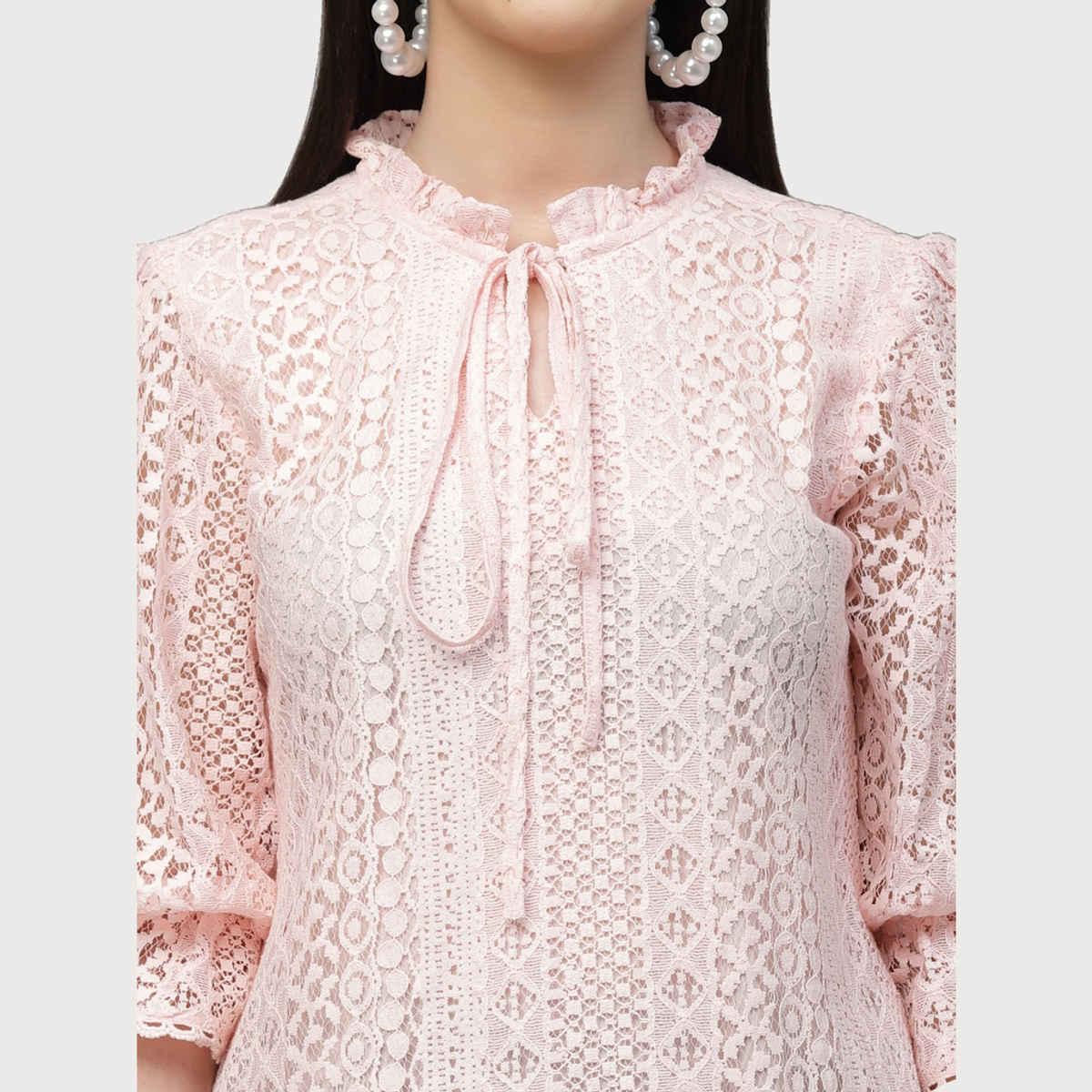 Style Quotient Women Peach Self Design Lace Regular Smart Casual Top | XL | SS23SQSIKKIM - Peach