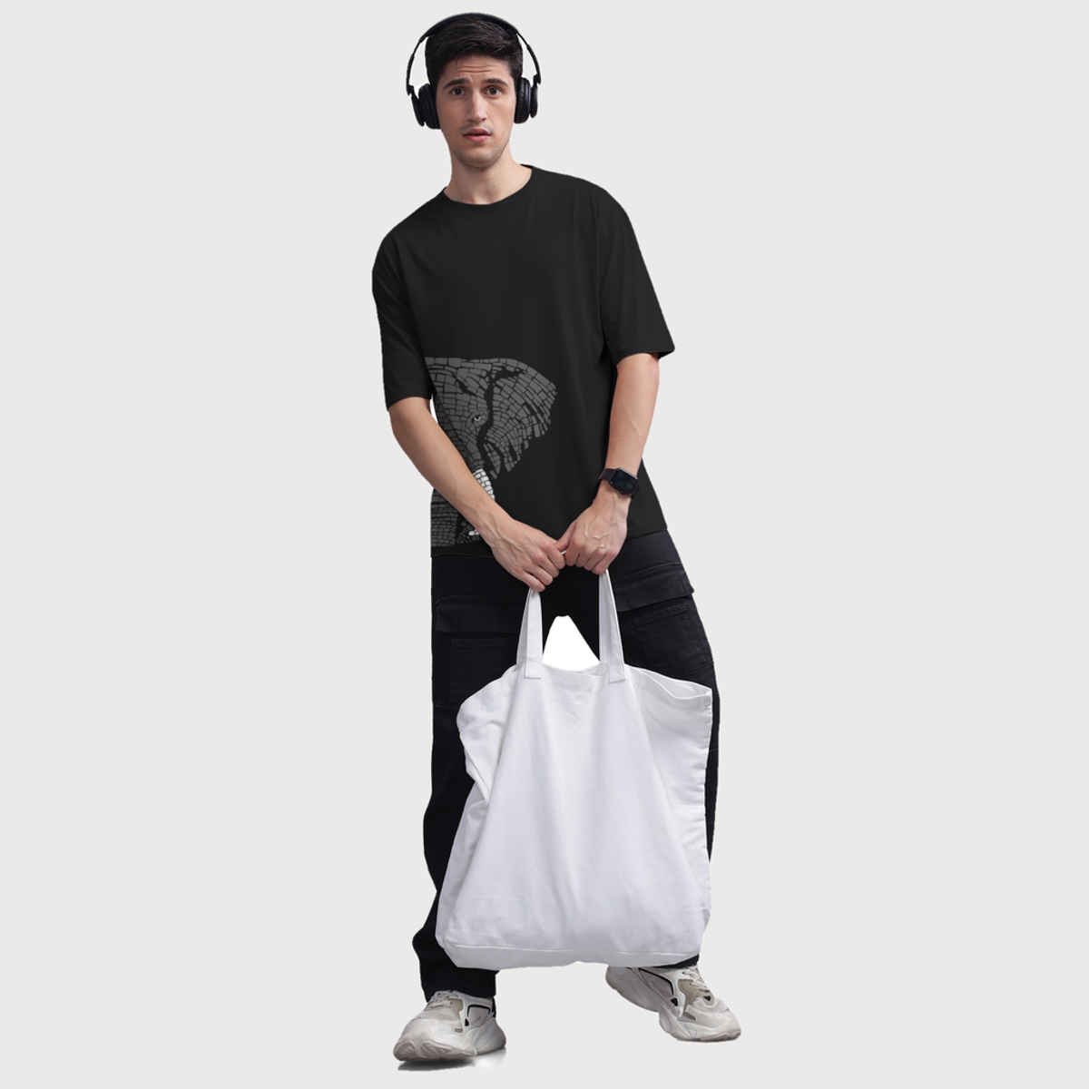 Bullmer Men's Oversized T-shirt Front and Back Printed | Trendy Black | M