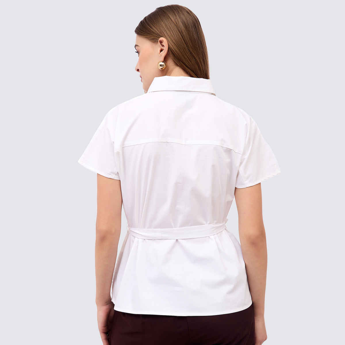 Styli Women's Casual Wear Self Design Spread Collar Short Sleeves Regular Fit Shirts | White - S