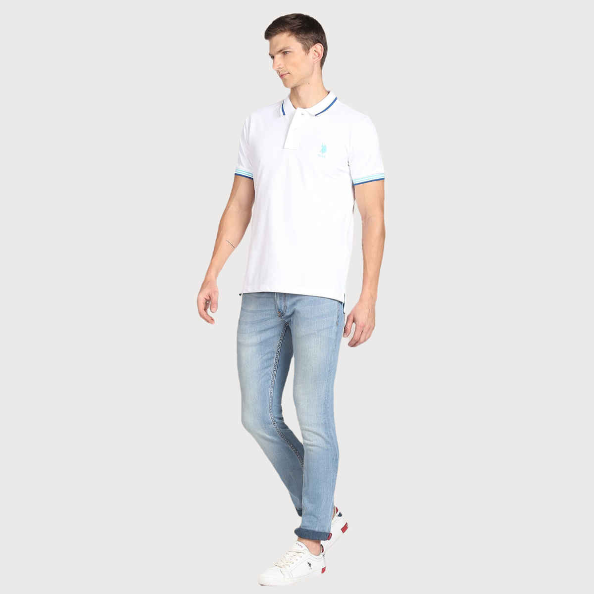 USPA Men's Striped Hem Cotton Polo T Shirt - Regular Fit - White - M