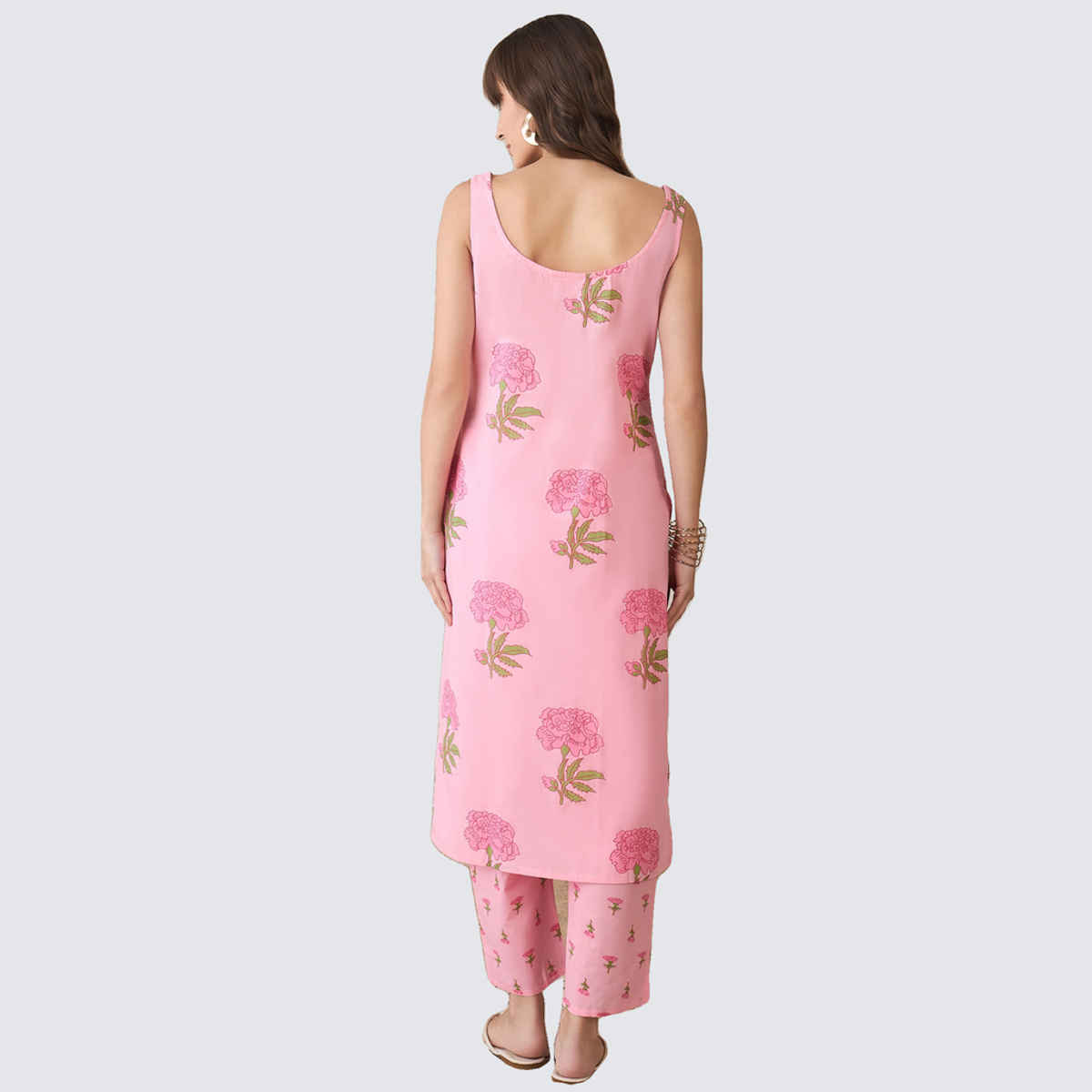 INDO ERA Women's Printed Straight Kurta Trouser Set | Pink - XL
