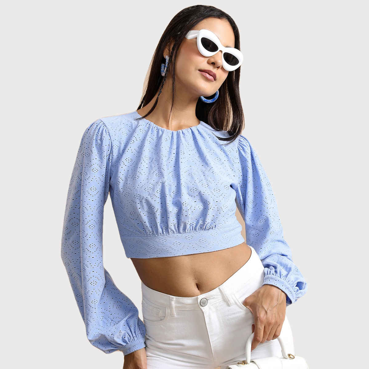 Ketch Women's Self Design Round Neck Crop Top | Blue - S