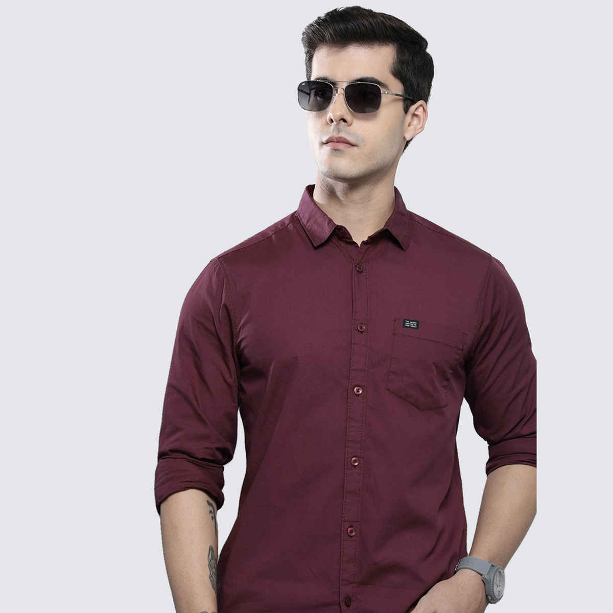 The Indian Garage Co Men's Slim Fit Solid Casual Shirt | Maroon - L