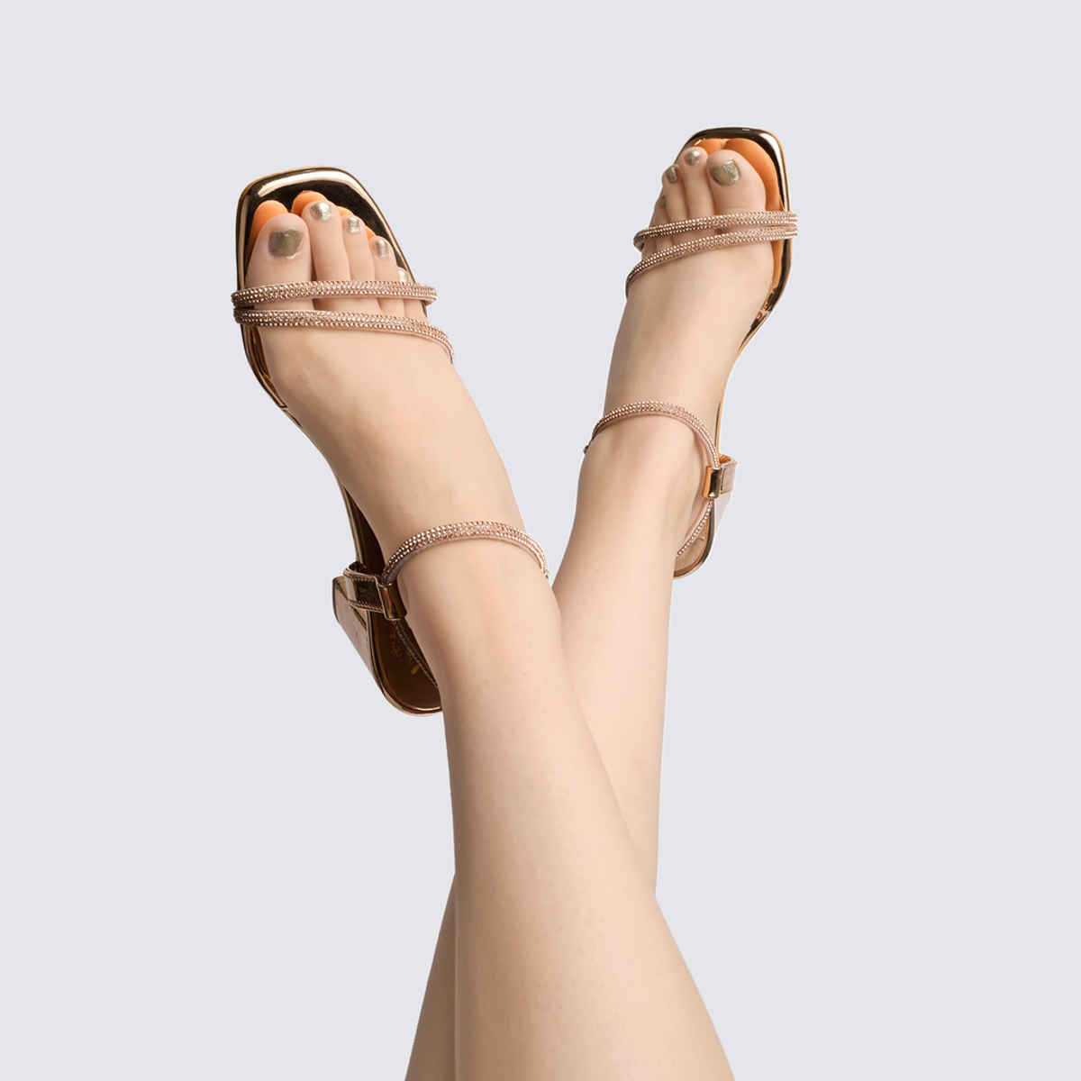 Shoetopia Women's Embellished Rhinestones Strap Heels | Heel-1246 | Rose-Gold - UK 5