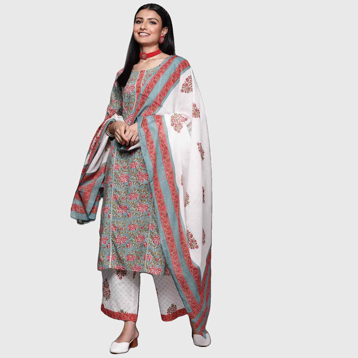 Libas Women Grey Cotton Kurta And White Cotton Palazzo With White Cotton Dupatta - 33151Os
