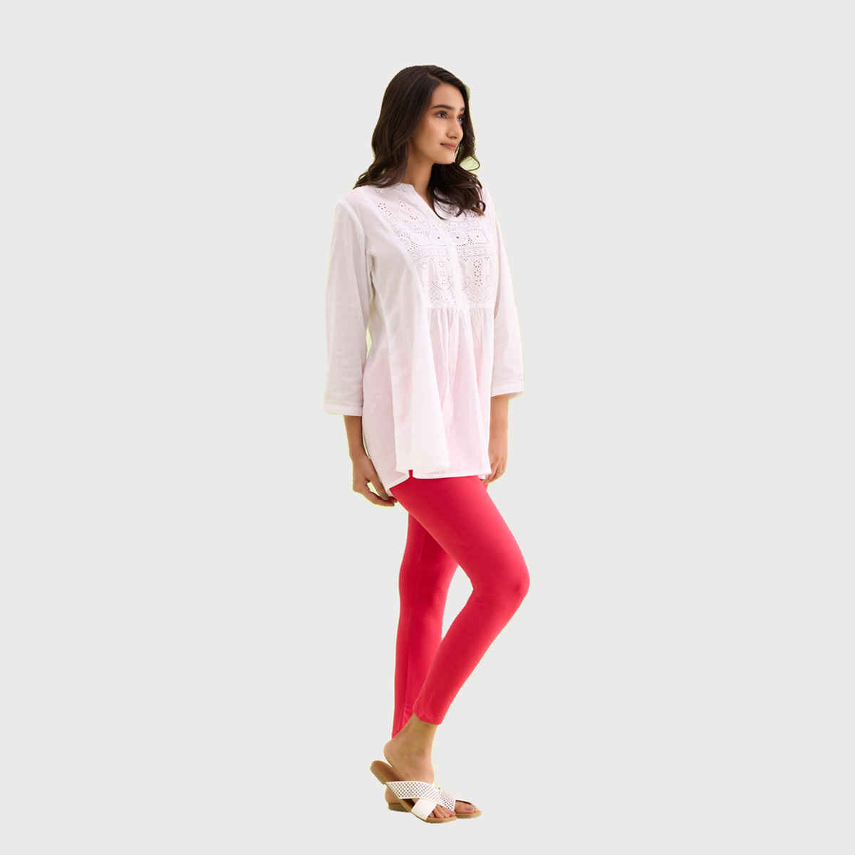 Go Colors Women's Solid Mid Rise Ankle Length Leggings | Coral - L