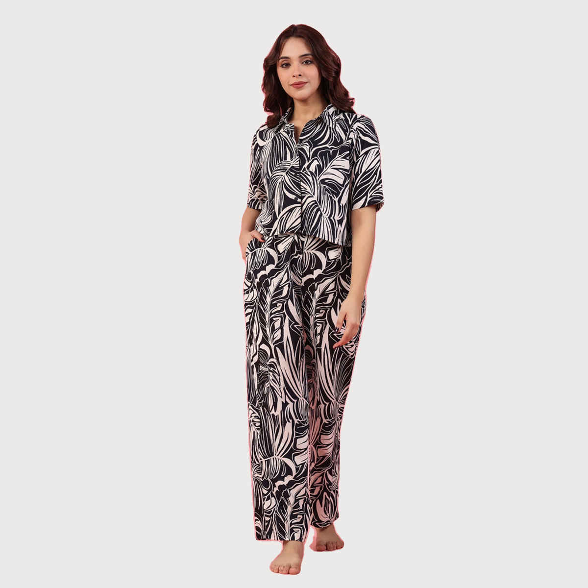 Sanskrutihomes Floral Printed Night Suit | Black - White | XL