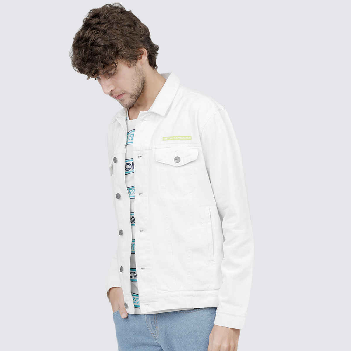 Highlander Men's White Solid Denim Jacket | White - XL