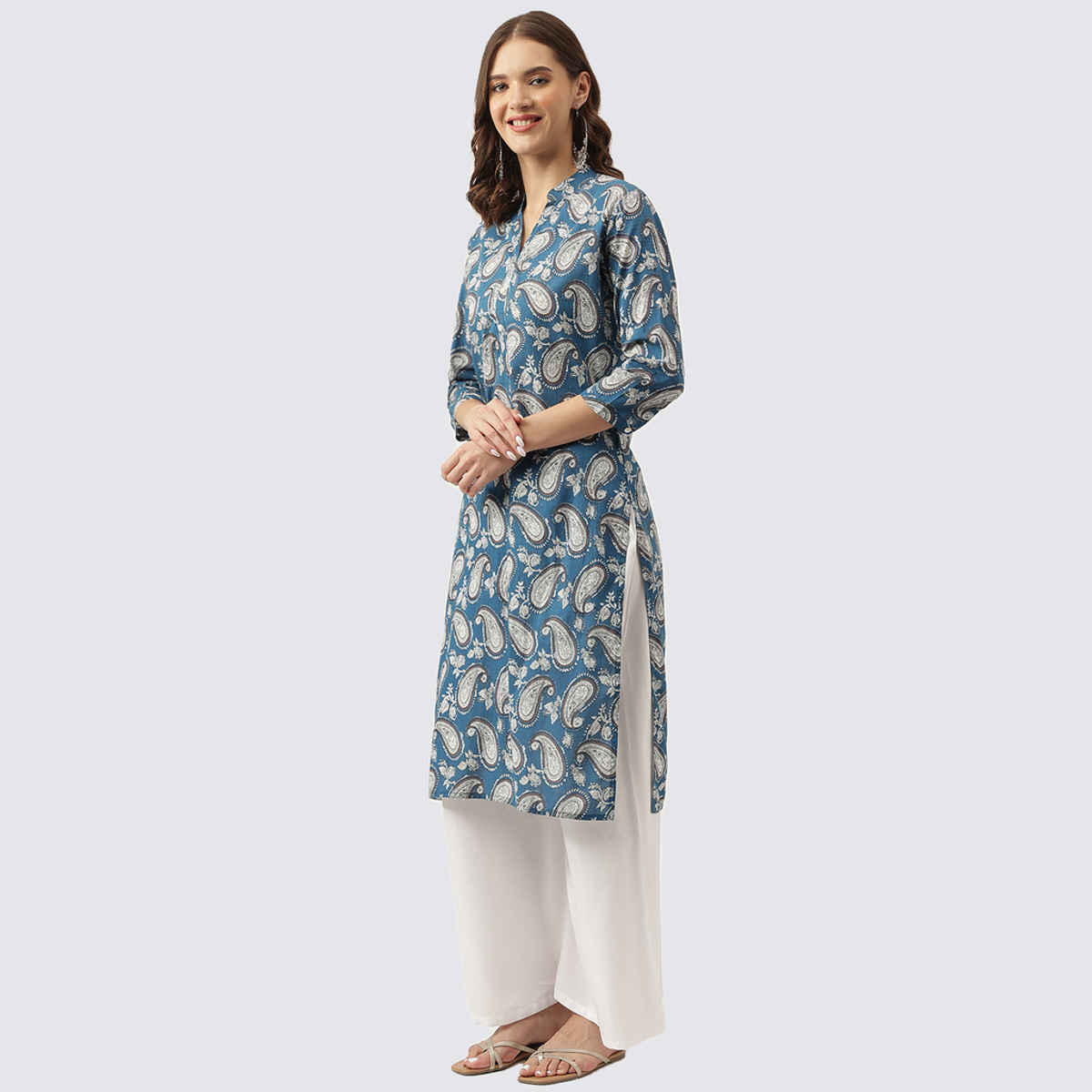 Divena Women's Print Straight Fit Cotton Kurta | DK0940 5 | Blue - M