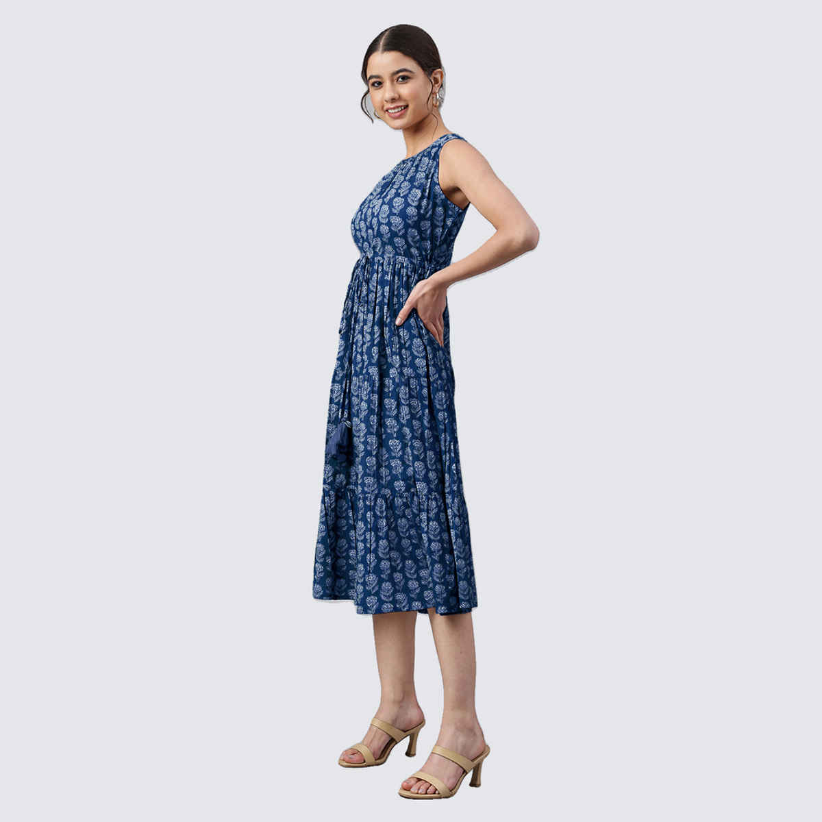 Janasya Women's Pure Cotton Floral Printed Tiered Dress | JAC24DR01521 | Indigo - L