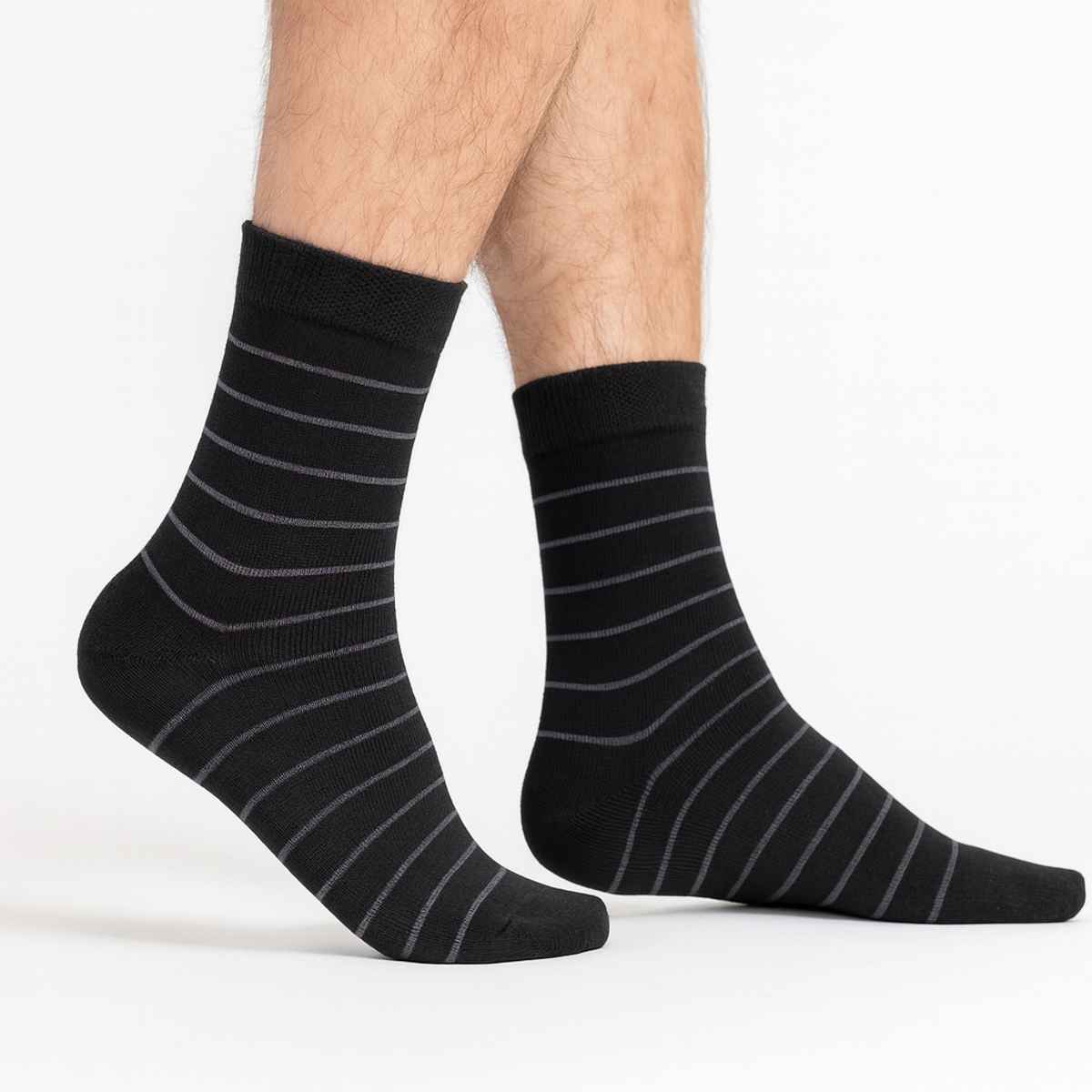 Royal Mart Unisex Striped Cotton Blend Calf Socks | Black - Free Size