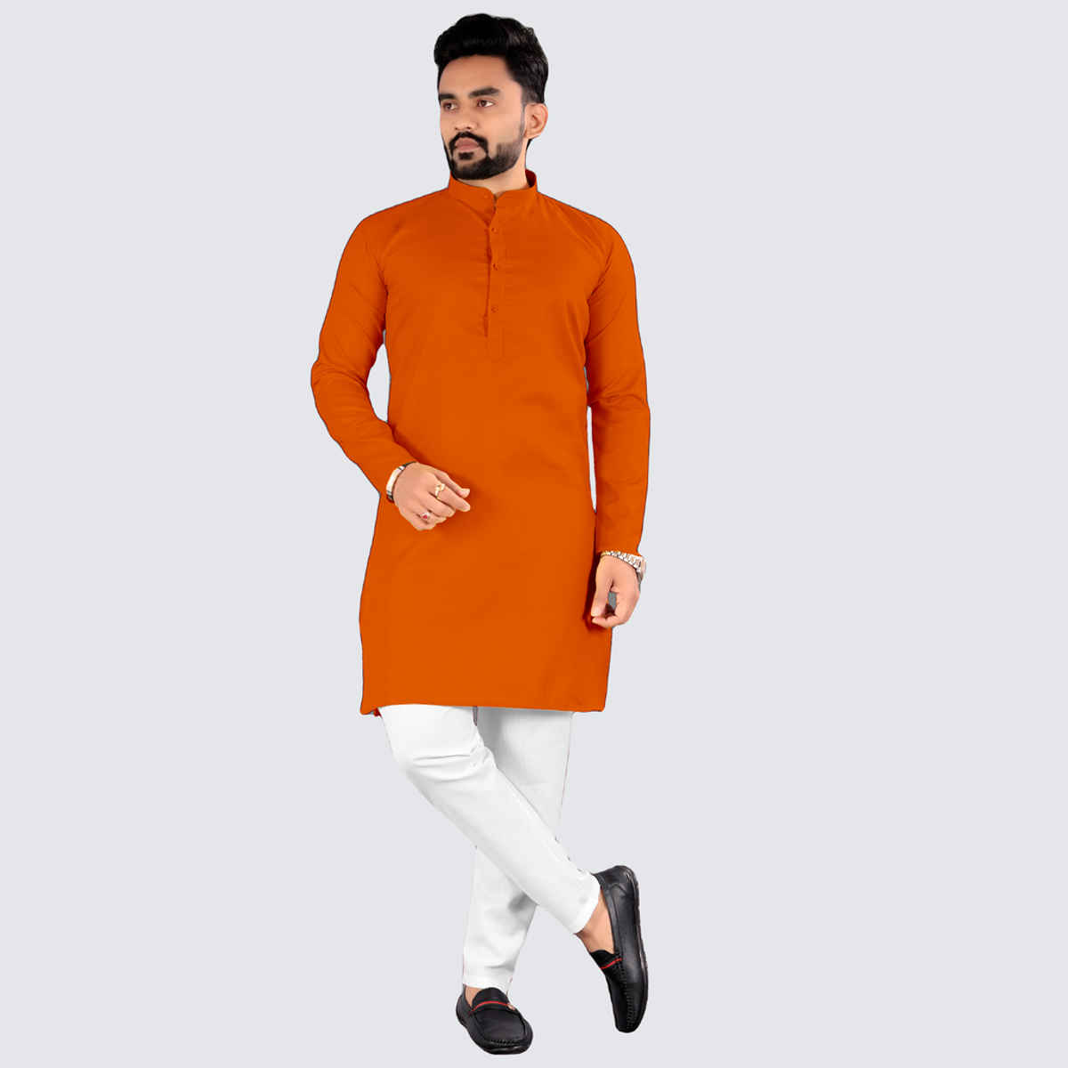 Freluro Men's Solid Cotton Blend Straight Kurta | Orange - M