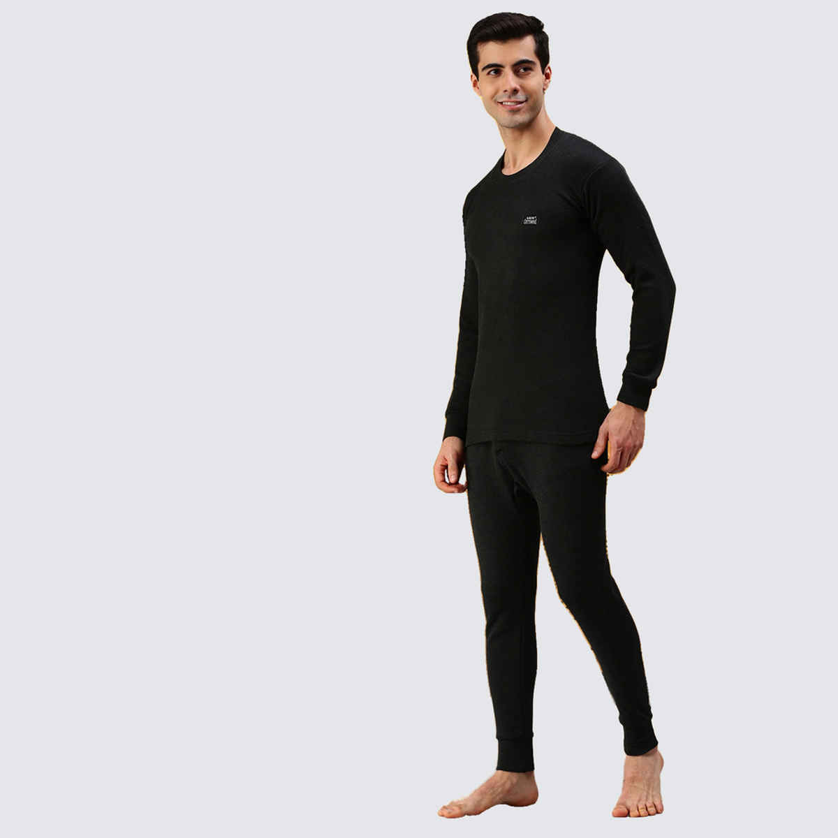 Lux Cottswool Men's Full Sleves Round Neck Thermal Top And Bottom Set | Black| 80 cm