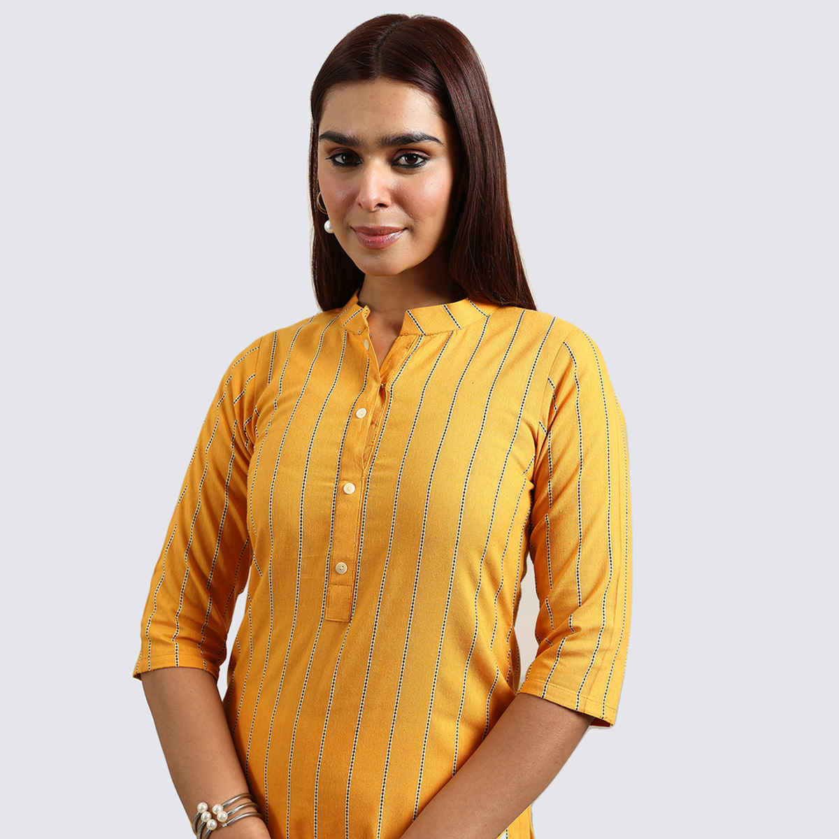 Libas Women's Striped Cotton Blend Straight Short | 29616 | Mustard - S