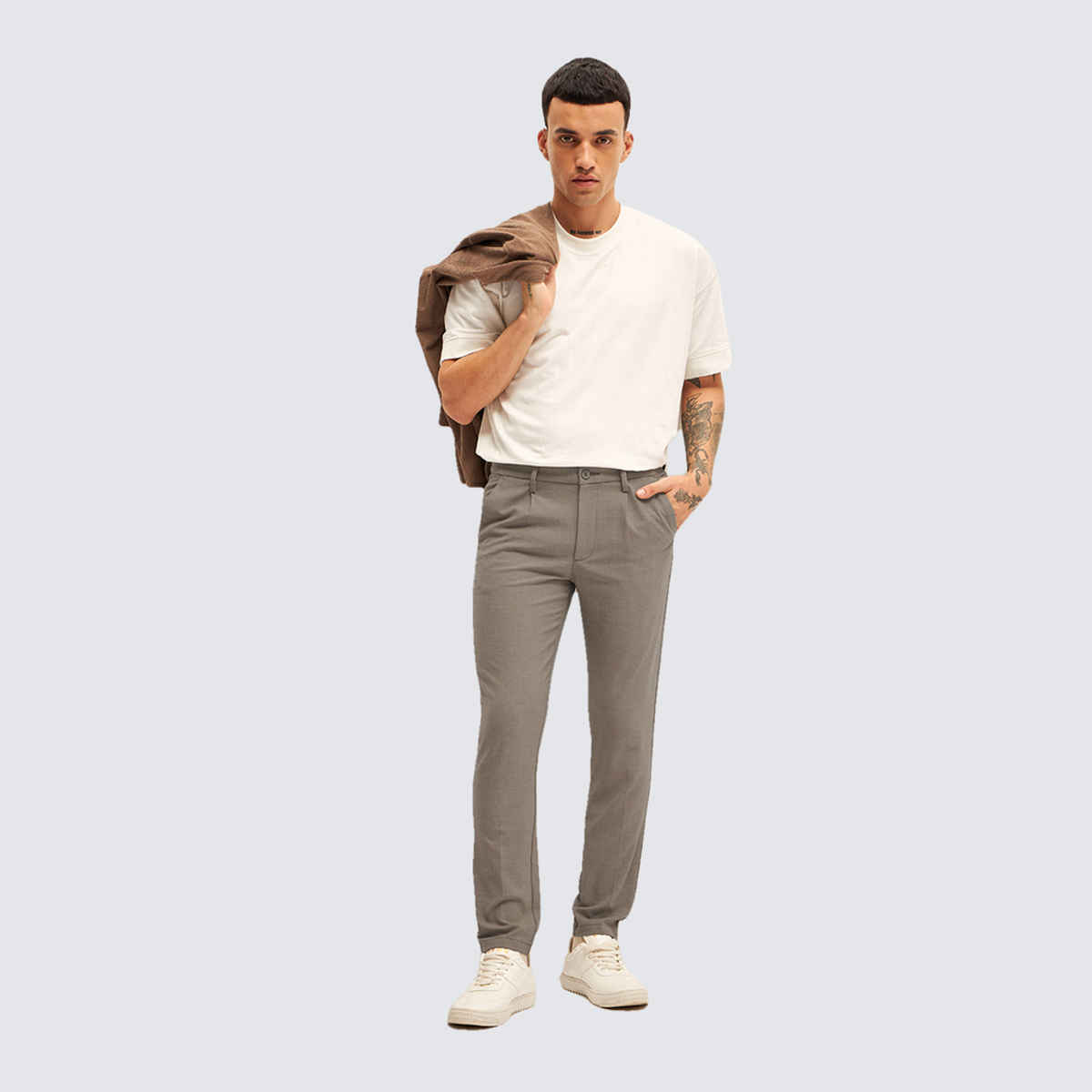 The Bear House Men 4 Way Stretch Solid Formal Trouser - Ferna | Beige | 32