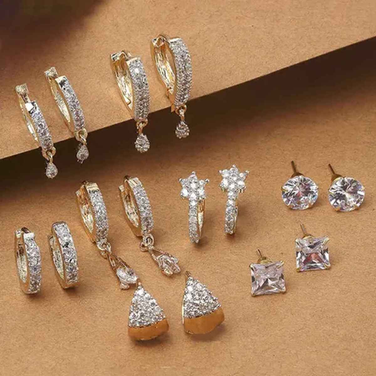 Zeneme Gold Plated Gold Toned Set Of 8 White Contemporary Stud & Drop Earrings For Women & Girls