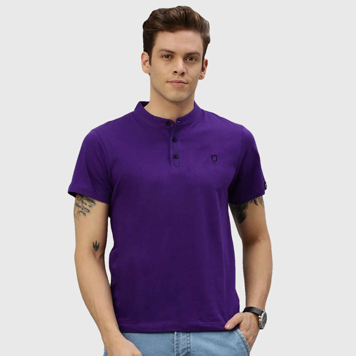 Urbano Fashion Men's Purple Solid Mandarin Collar Slim Fit Cotton T-Shirt-L